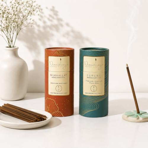 Image of Nirmalaya Premium Serene & Mukhallat Bambooless Dhoop Sticks (80 Sticks) with Ceramic Stand Sacred Temple Flower | 100% Charcoal-Free | for Pooja, Meditation, Yoga & Home Fragrance