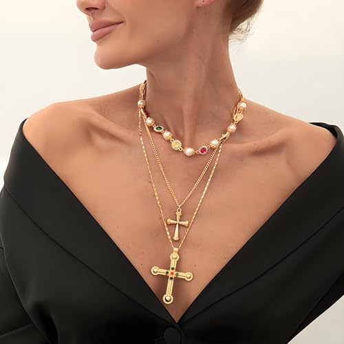 Gold Layered Cross Necklace Set For Women, Vintage Pearl Beaded Choker Colorful Rhinestone Crystal Statement Adjustable Chain Necklaces Holiday Anniversary Birthday Jewelry Gift2