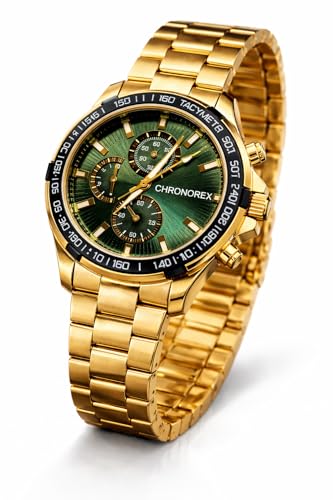 Image of Men's Gold Chronograph Watch with Green Dial | Stainless Steel Strap | Tachymeter Sports Watch