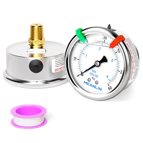 Image of MEANLIN MEASURE 0~60Psi Liquid Filled Pressure Gauge 1 /4 inch NPT 2.5 inch FACE DIAL Stainless Steel Glycerin Filled WOG Water Oil Air Back Mount (with 2PCS Snaps)