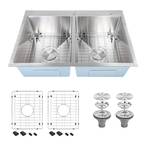PHS 33 Inch Drop In Double Bowl Kitchen Sink 50/50-16 Gauge Stainless Steel Overmount Kitchen Sink 33x22 with Accessories, 9 Inch Deep Sinks with Brushed Finish