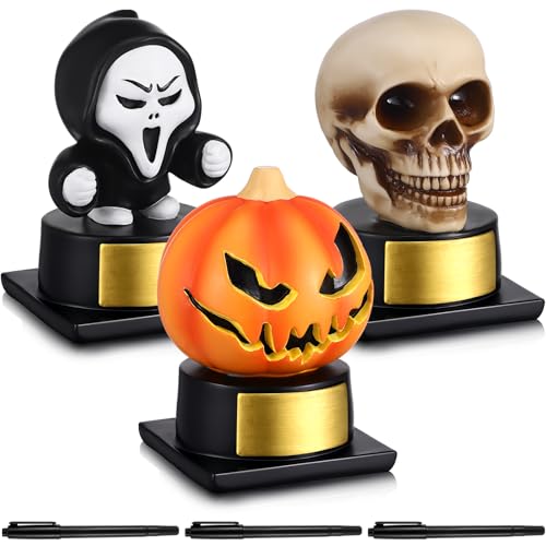 AceOrbit 3 Pack Halloween Trophy Awards 4.3 Best Costume Contest Trophy with Mark Pen Skull Pumpkin Ghost Resin Funny Trophies Awards Halloween Prizes for Adults Office Medals Party Favor