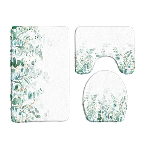VPUPCN Green Leaves 3 Pcs Bath Rugs Set,Sage Green Eucalyptus Leaf Watercolor Nature Floral Plant Botanical Spring Bathroom Kitchen Rug with 16