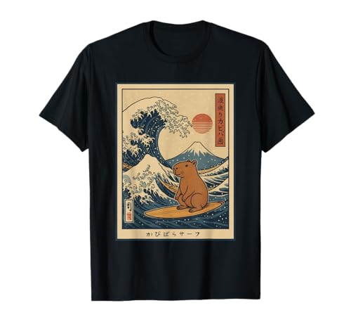 Capybara Calmly Surfing The Great Wave T-Shirt