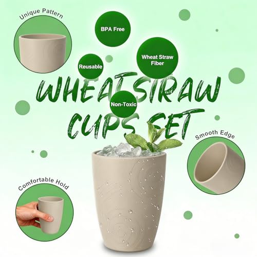 Image of 16oz Reusable Plastic Cups, 6PCS Wheat Cup Set for Outdoor, Beige | Unbreakable & Lightweight Plastic Drinking Glasses for Kitchen & Picnic - Dishwasher Safe Cups