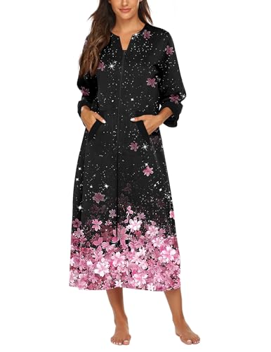 Image of Ekouaer Women Zipper Robe 3 /4 Sleeves Loungewear Dress Full Length Sleepwear Pockets Housecoat Nightgown Long Bathrobe