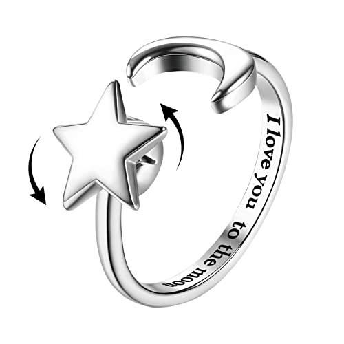 papasgix Fidget Bague, Spinner Anneau d'Anxiété pour Femmes Hommes Réglable Ajustable Anneau Ouvert Anti Anxiété Empilable Bague de Fleur Tournesol Étoile pour Soulager Le Stress(Argent Lune étoile) Cover