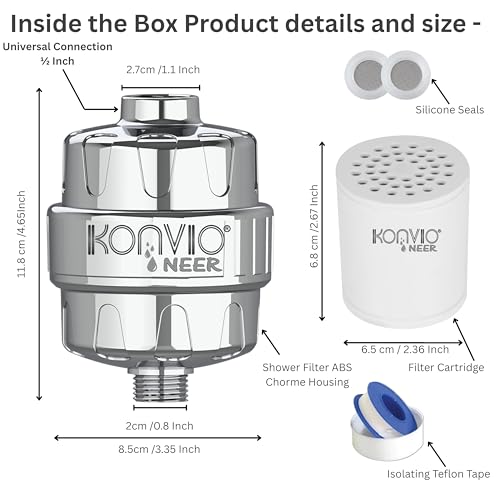 Image of Konvio Neer 22-stage advanced Shower Filter for Hard Water | Multi-Stage Borewell /Tanker Water Softener for Bathroom, for Soft hair and skin | Chrome Finish (22-Stage, Pack of 1)