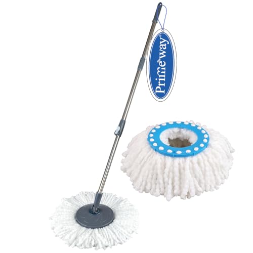 Image of Primeway Stainless Steel Handle Stick Rod with 2 Microfibre Refills 38cm 115g | Floor Mopping Replacement Set for Bucket Mop Sets | 124cm | Grey