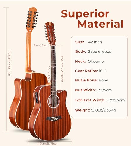 Vangoa VA21CE 12 String Guitar, Twelve String Guitar Acoustic Electric Cutaway Guitar Bundle thumb #6