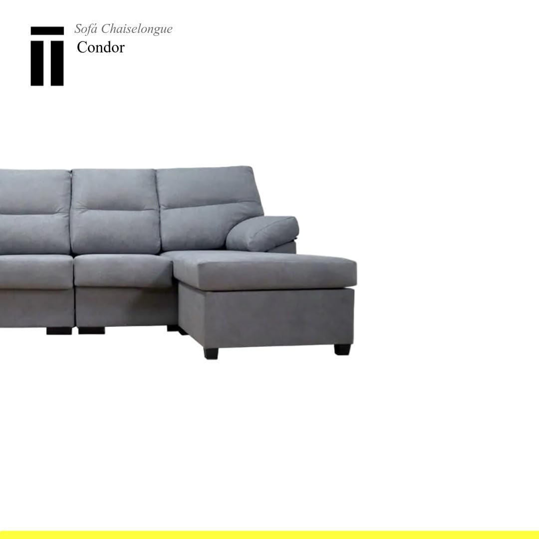 SHIITO | Sofá Cóndor de 4 Plazas con Chaiselongue - Máximo Confort y Relax | Diseño Elegante y Compacto | Fabricado en Madera de Pino y Tablero Aglomerado, Color Gris, 265cm de Ancho