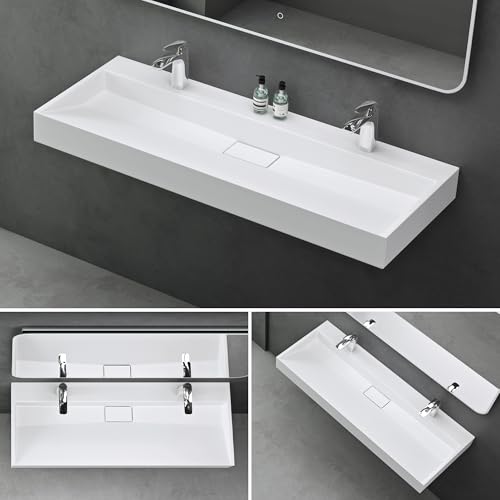 Mai & Mai Waschbecken Weiß Matt Aufsatzwaschbecken Hängewaschtisch inkl. Ablaufgarnitur Mineralguss Rechteckig Waschplatz 2-Armaturenloch Breite: 120cm