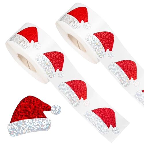 Santa Stickers 2 Rolls of Christmas Stickers with 2 Red Hats Premium Copper Paper Sticker for Holiday Decorations Gift Wrapping and Scrapbooking
