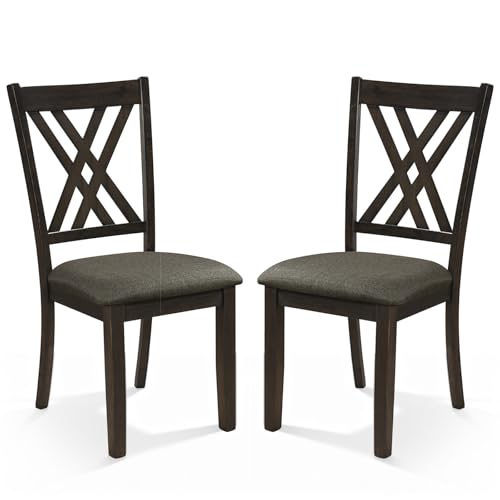 Image of COSTWAY Wooden Dining Chairs Set of 2 with Fabric Padded Seat, Grey | Farmhouse Armless Kitchen Side Chair with Rubber Wood Frame & High Back for Dining Room, Living Room and Restaurant