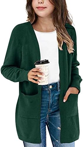 Amarmia Girl's Open Front Cardigan Long Sleeve Knit Sweaters Cute Casual Loose Outerwear Coats with Pockets Dark Green
