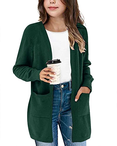 Amarmia Girl's Open Front Cardigan Long Sleeve Knit Sweaters Cute Casual Loose Outerwear Coats With Pockets Dark Green #TOP2