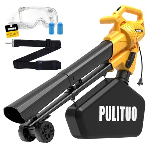 PULITUO 3 in 1 Electric Leaf Blower Vacuum Mulcher with Bag, 530CFM & 170MPH Leaf Vacuum Corded Blowers for Lawn Care, 15:1 Powerful Leaf Mulcher with Shoulder Strap (Yellow)