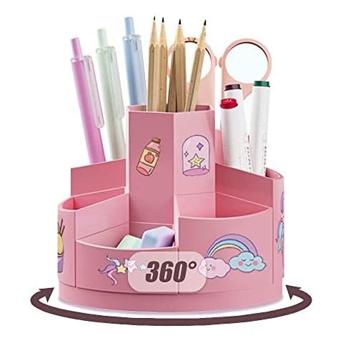 360° Drehbar Kinder Kreativ Stifthalter, Drehbar Stiftköcher, Schreibtisch Organizer, mit 2 Stück Cartoon Aufkleber, mit 7 Fächer und Anti Rutsch Matten, für Büroaufbewahrung, Schminktisch (Rosa) Cover