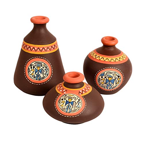 Image of Aakriti Art Creations Earthen Miniatures Terracotta Vases Set of 3 | Handmade Brown Warli Art Flower Vases Matte Finish Decorative Vases for Home Decor & Gifting