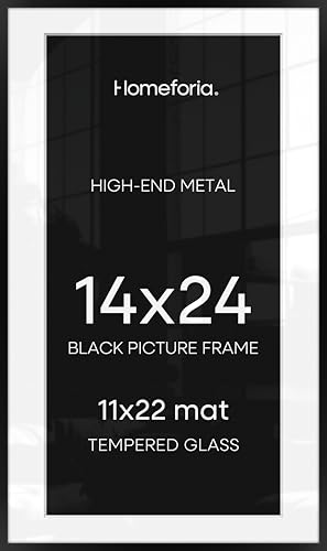 Image of Homeforia 14x24 Picture Frame Black, High End Metal 14x24 Poster Frames with Mat 11x22 for Photo, 14 x 24 Black Frame Matted to 11 x 22 inch Print, 24x14 Thin Frame, Tempered Glass, Wall Kit, Set of 3