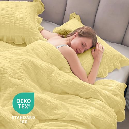 Image of JOLLYVOGUE Light Yellow Twin /Twin XL Comforter Set, 2 Pieces Seersucker Lightweight Fluffy Bedding Set, Twin Ruffle Comforter, All Season Soft Microfiber Shabby Chic Bed Set