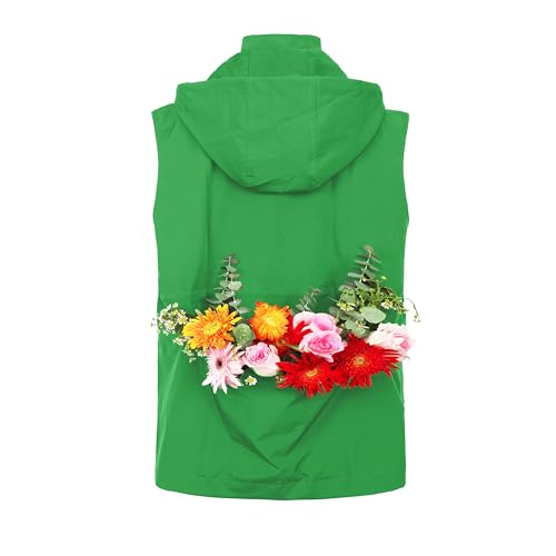PESION Packbare Militär-Weste für Damen, Oberbekleidung, wasserdicht, Windjacke, Cargo-Weste mit abnehmbarer Kapuze, Grün, M