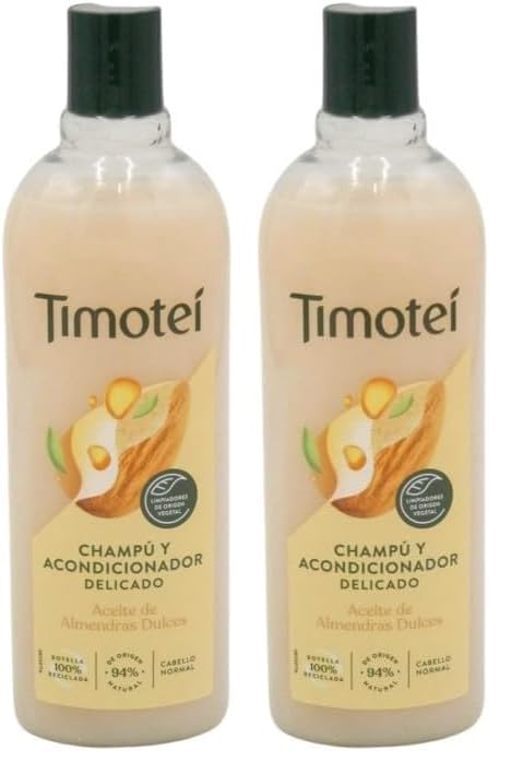Timotei champú y acondicionador delicado para todo tipo de cabello con aceite de almendras dulces; con limpiadores de origen vegetal, 94% ingredientes de origen natural, 750ml (Paquete de 2)