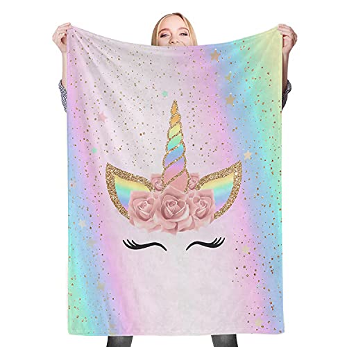 Cute Rainbow Unicorn Throw Blanket For Girls - Fuzzy Soft Cozy Fleece Blankets Kids Room Decor Gift (60"X80") #TOP30