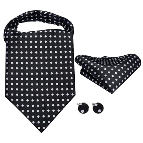 Image of Hi-Tie Silk Ascot for Men Self Tie Men's Cravat and Flower Lapel Pin Handkerchief Cufflinks Set for Wedding Party