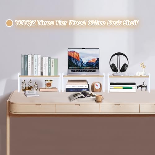 Image of YGYQZ Wood Office Desk Shelf Organizer - Desktop Supplies Cute Dresser Top Organization Storage Rack and Cubicle Decor Aesthetic Bookshelf for Women Man and Kids