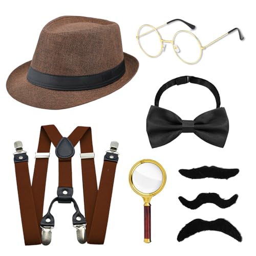 Xerteam Detective Costume 20s Detective Costume Adults Hat Suspenders Tie Magnifying Glasses Mustache Detective Cosplay Halloween (style 1)