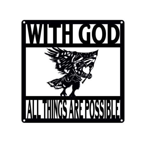 With God All Things Are Possible Flag hawk Sign Name Sign Family Sign Custom Name Sign Metal Wall Art Personalized Last Name Plaque Outdoor Metal Wall Art Personalized Gift for Wedding/Housewarming