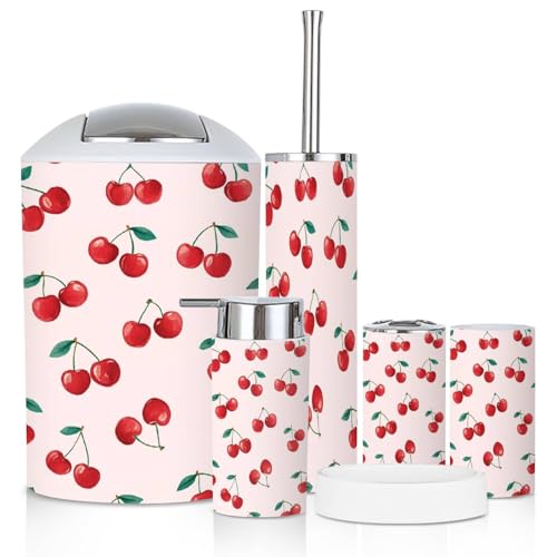 Bathroom Accessory Set 6 Piece red Cherry Pattern Cherry Pattern Toothbrush Holder, Toothbrush Cup, Soap Dispenser, Soap Dish, Toilet Brush Holder, Trash can for Countertop Rustic Decor