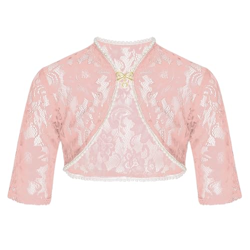 renvena Kids Girls Floral Lace Cardigan Shrug 3/4 Sleeve Open Front Crop Sweater Dressy Bolero Jacket