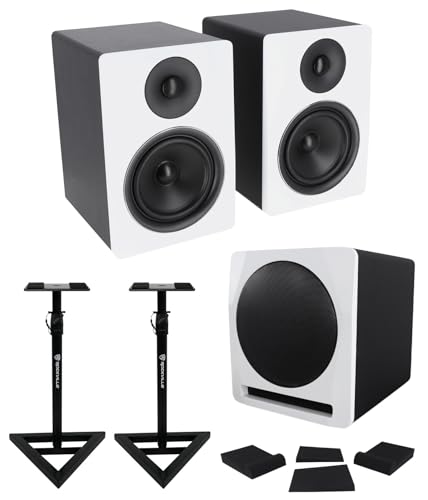 Rockville 2 APM6W 6.5' Powered Studio Monitors+Active 10' Subwoofer+Stands+Pads