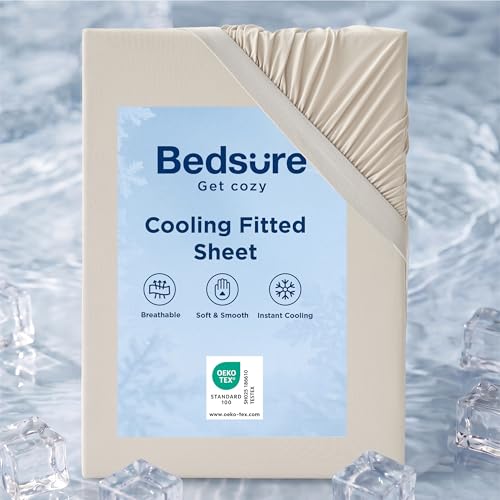 Bedsure Double Cooling Fitted Sheet Soft Breathable Deep Pocket Bed Sheet Cool to Touch Wrinkle Resistant Oat