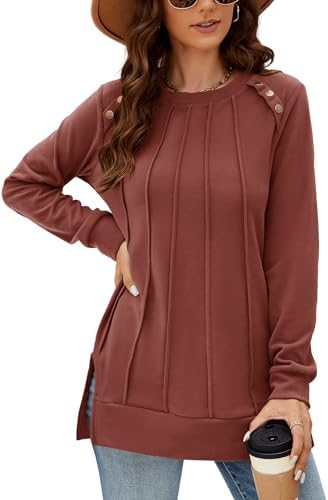 Odosalii Womens Long Sleeve Tops Crewneck Sweatshirts Pleated Front Sweaters Plain Shirts Trendy Side Split Fall Outfits, 01-