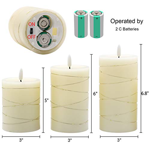 Image of Flameless Flickering Candles String Light with Remote Timer Set of 3 Battery Operated LED Pillar Candles Real Wax 3D Wick Yellow Light Christmas Holiday Decor(3 x 5, 6, 6.8 Inch)