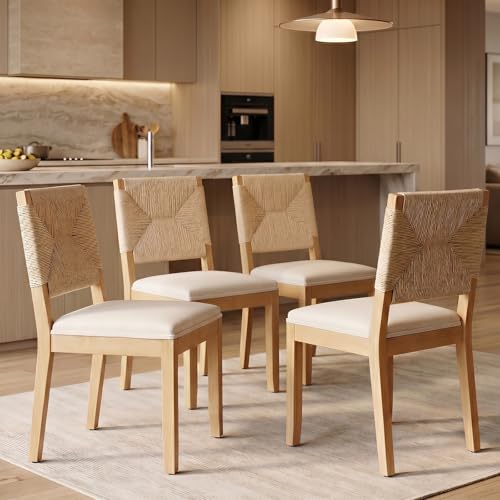 ZoriSit Farmhouse Dining Chairs Set of 4, French Country Woven Kitchen & Dining Room Chairs, Boho Woven Back Linen Upholstered Kitchen Chair, Solid Wood Frame, Sillas de Comedor (Beige, Woven, 4 Pcs)