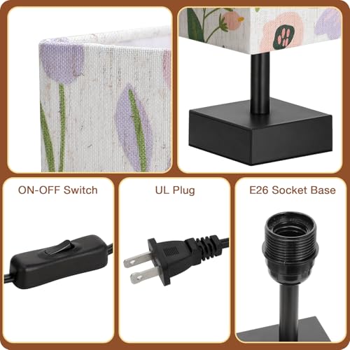 Image of aooshine Small Bedside Table Lamp for Bedroom - Square Floral Fabric Shade | Inline Rocker Switch, Corded Electric, Bulb Not Included, 12.8 inch Mini Table Lamp for Nightstand, Desk, Dorm, Office