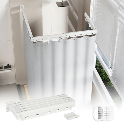 Faltbare Duschvorhangstange mit Duschvorhang, Duschvorhangstange ohne Bohren, Duschvorhang mit Stange, Wasserdicht L/U Form Duschstange für Ecke/Badewanne (Weiß, 5 faltbar)