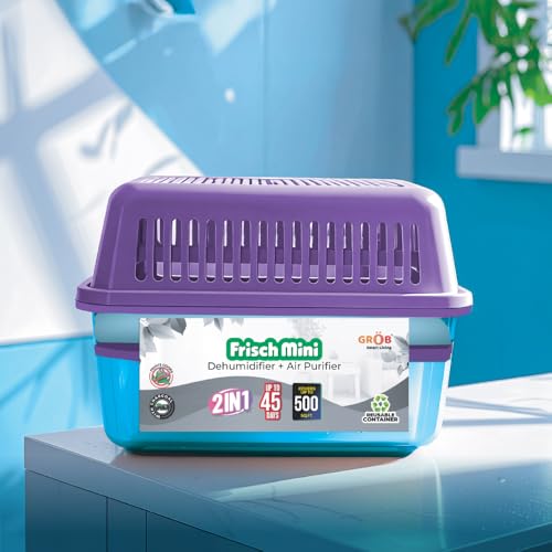 Image of Grob Frisch Mini Moisture Absorber Dehumidifier | Value Pack of 2 (750ml Each) | Dehumidifier for Wardrobe, Closet & Cupboard | Controls Dampness, Mould, Fungus & Odour (Purple)