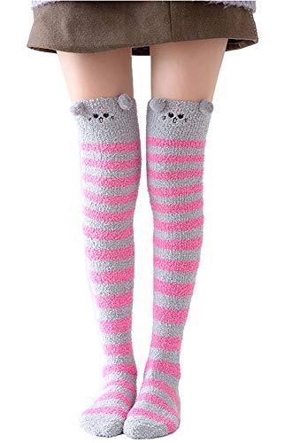 Image of Hotmiss Womens Thigh High Fuzzy Socks Cute Over the Knee Stockings Winter Warm Stripe Leg Warmers