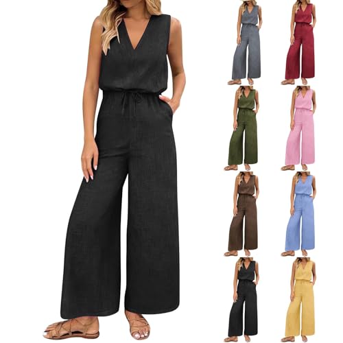 Jumpsuits for Women UK Plain One Piece Pants Jumpsuits Elegant High Waist V Neck Sleeveless Playsuit Loose All in One Rompers Belted Comfy Casual Wide Legs Overall with Pockets 2026