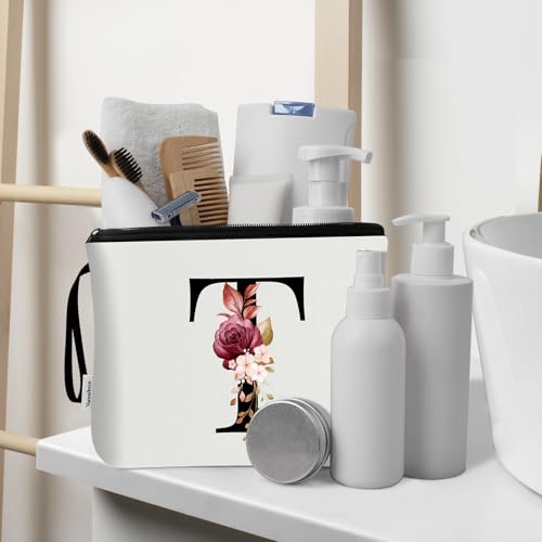 Image of Vavabox A-Z Personalized Makeup Bag, Birthday Gifts for Women Mom, Gifts for Best Friend, Bride Bridesmaid Cosmetic bag (T, 03-White Set)