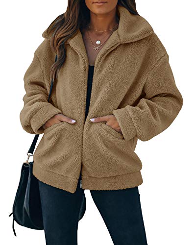 SENSERISE Womens Oversized Sherpa Jacket Casual Fuzzy Fleece Lapel Coat Zip Up Outwear with Pockets(Camel, L)