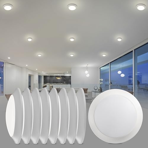 7.5-inch Flush Mount Ceiling Downlight 8 Pack, 15W LED Dimmable Disk Lights, 1050 lumens Warm White 3000K CRI90 110W Equivalent Downlight, ETL Wet Certificated Low Profile Ceiling Light