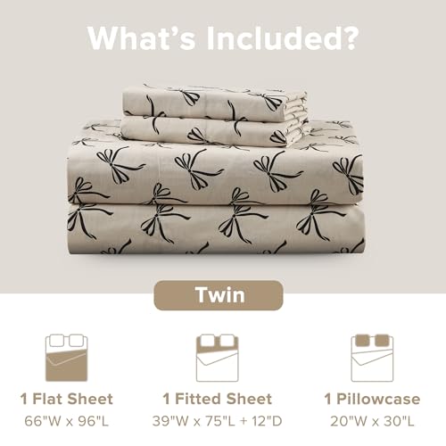 Comfort Spaces 100% Cotton Sheets Twin, Breathable, Naturally Cool Cotton Sheets, Soft Cotton Bed Sheets with 12" Elastic Pocket Fits up to 14" Mattress, All Seasons Sheet Set, Bow Black/Taupe 3 Piece