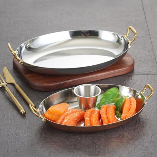 Stainless Steel Oval Paella Pan - Uncoated Nonstick Seafood & Lobster Cookware with Dual Handles for Home & Restaurant Cooking