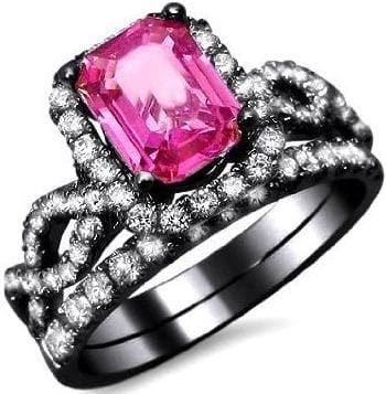 2.00 Ct Emerald Cut Pink Sapphire Bridal Set Men's & Women's Engagement Wedding Ring With 925 Sterling Silver 14k Black Gold Finish